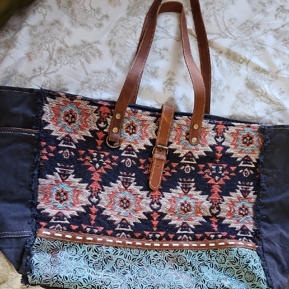 Myra Bag Weekender Multicolor Boho Tote Leather And Canvas with Brown Straps